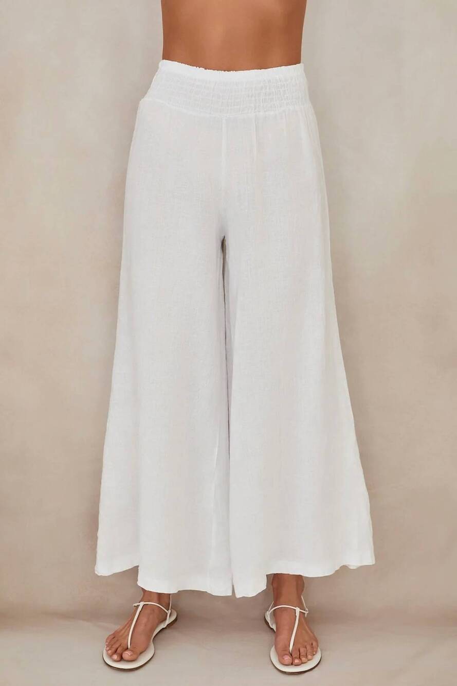 NEW MILIO MILANO linen smocked waist palazzo pants in white